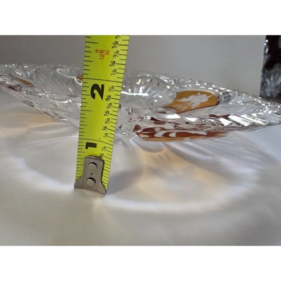 Vintage Bohemian Amber Crystal Glass Serving Bowl Etched Floral - Picture 5 of 6